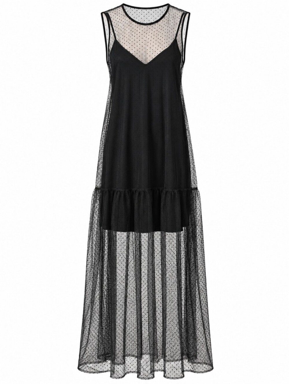 ZARA Black Polka Dot Mesh Overlay Midi Dress Size S